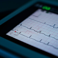 Close-up of an electrocardiogram (ECG) monitor showing heart rhythms in a medical setting