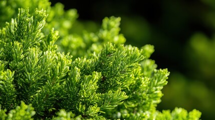 Close-up of Lush Green Evergreen Plant with Soft Needle-like Leaves