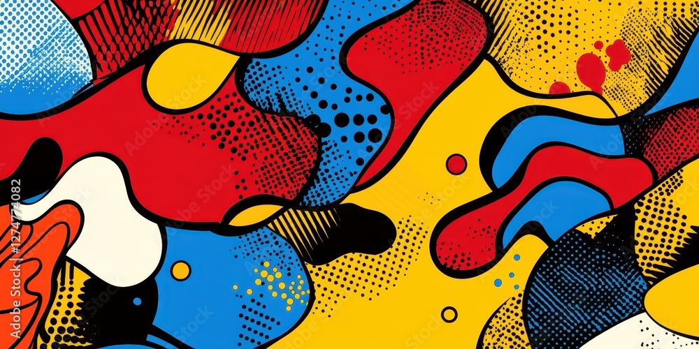Poster abstract design features bold primary colors and halftone patterns