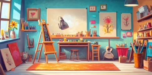 Bright and artistic studio filled with creative supplies and artwork