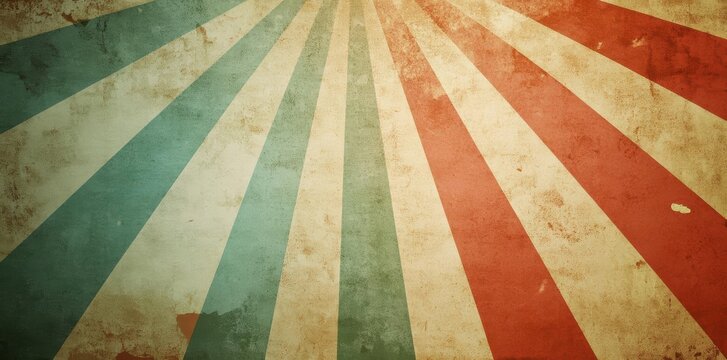 Vintage sunburst background texture displays retro design with grunge and colorful stripes, showcasing a weathered vintage aesthetic.