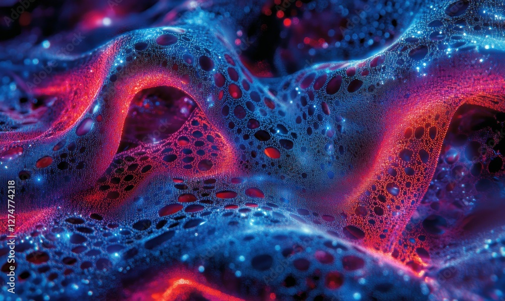 Poster digital artwork of glowing red and blue data streams forming intricate patterns, futuristic tech con