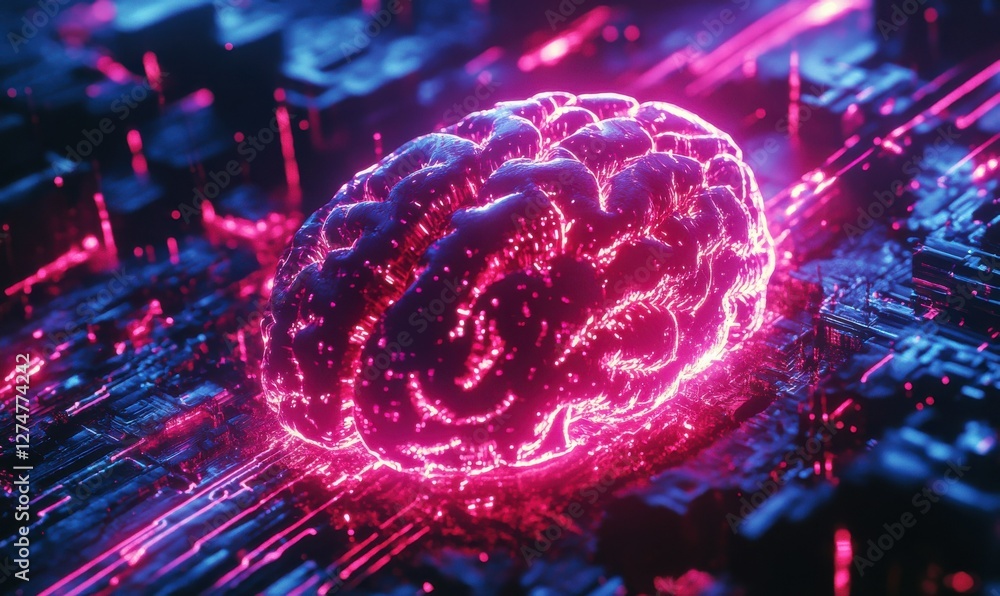 Poster digital concept of a glowing ai brain surrounded by intricate data streams, vibrant neon hues highli