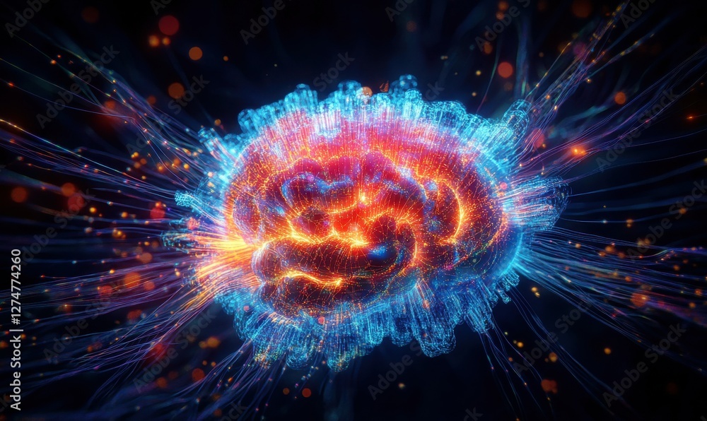 Aufkleber digital depiction of a glowing brain surrounded by data particles, vibrant neon colors blending dyna