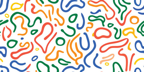 Fun colorful line doodle vector seamless pattern. Creative minimalist style art background for children or trendy design with basic shapes. Simple childish scribble backdrop