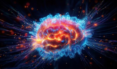 Digital depiction of a glowing brain surrounded by data particles, vibrant neon colors blending dynamically, futuristic science concept, clean and sharp