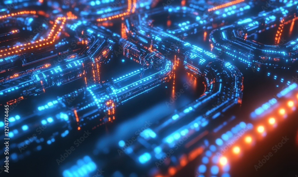 Poster digital visualization of a glowing blockchain network, intricate nodes connected by vibrant blue and