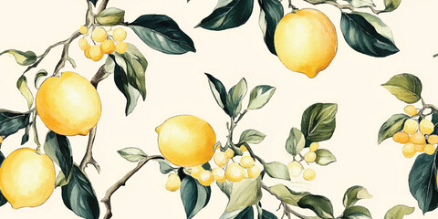 Lemon fruits tropical summer Vintage seamless vector pattern with watercolor style illustration