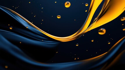 A stunning abstract image featuring smooth waves of deep blue and vibrant gold, accented with delicate droplets, creating an elegant and captivating visual effect.