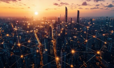 Digital representation of a futuristic smart city with glowing skyscrapers and vibrant data streams, clean high-tech urban environment, bold modern design