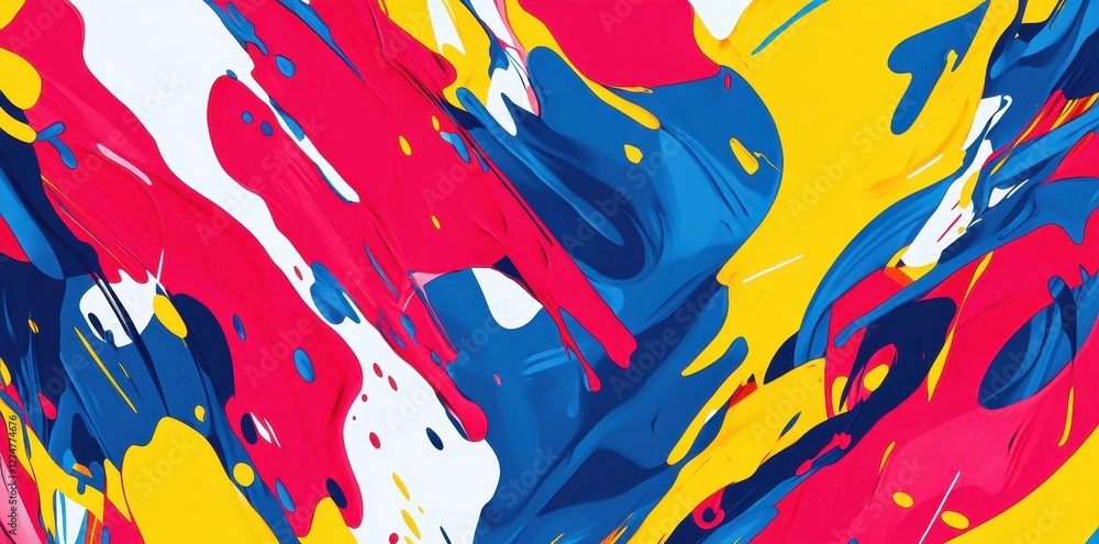 Poster dynamic abstract artwork features primary color paint splashes freely flowing