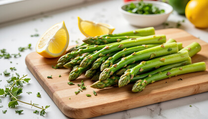 Fresh asparagus with lemon on wooden cutting board