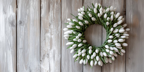 Traditional handmade wreath of snowdrops hung on a rustic wall