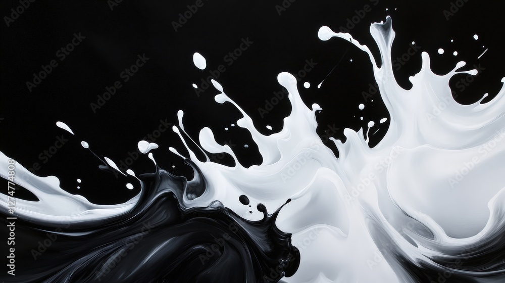 Poster a stunning abstract representation of splashing black and white paint on a dark canvas, showcasing d