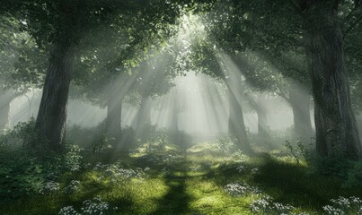 Obraz premium Morning fog rolling through a dense forest, with sunlight streaming through the trees and soft moss covering the ground, creating a magical woodland scene.