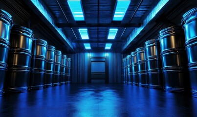 Fototapeta premium Industrial storage room with metal barrels, illuminated with blue lighting.