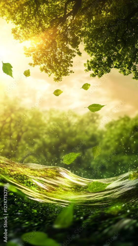 Poster green leaves falling from a tree into a river waving in a sunny forest, creating a magical atmospher