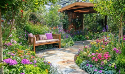Inviting garden bench surrounded by colorful flowers and greenery in a serene outdoor setting during daytime