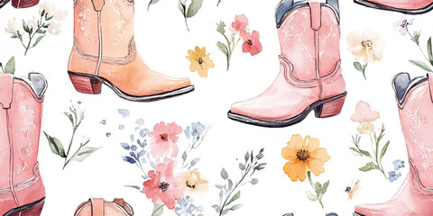 Pastel pink cowgirl boots seamless pattern with flowers , Girly western boots repeat pattern, Cute Cowgirl boots pattern for wrapping paper, wall paper, stationery and home decor designs