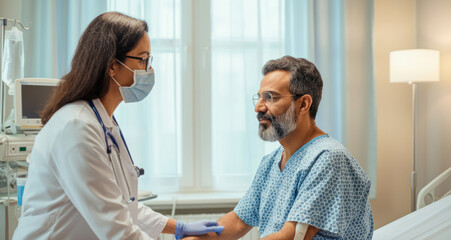 A man in a hospital bed is being examined by a doctor