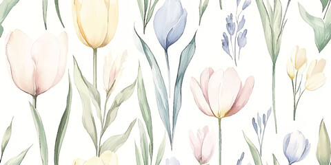 Obraz premium Pastel watercolor tulips combined with beige blue yellow flowers in a seamless pattern ideal for textile designs and home decor