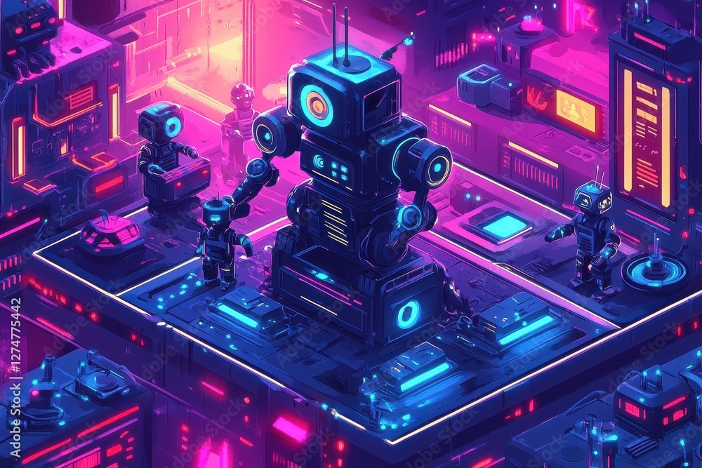 Aufkleber neon lit futuristic robot factory with robotic workers visible
