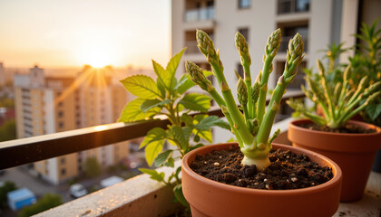 Asparagus sprouts growing on balcony with sunset background