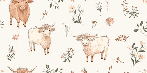 Farm animal seamless pattern. Cows, countryside hand drawn watercolor illustration. Summer design for textile, wallpaper, fabric, wrapping paper