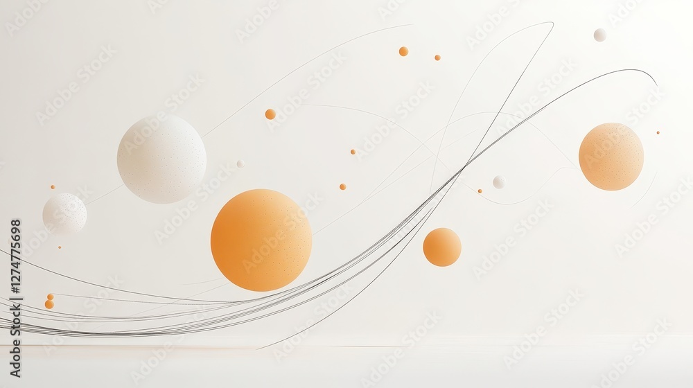 Poster abstract floating textured spheres and lines on a clean background