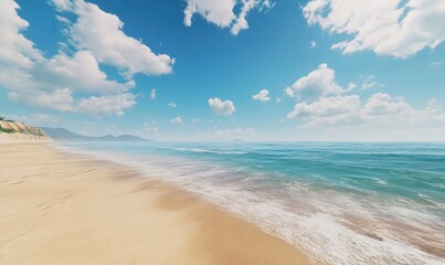 Peaceful coastal landscape with soft golden sand, calm waves, and vibrant blue skies creating a serene vibe.