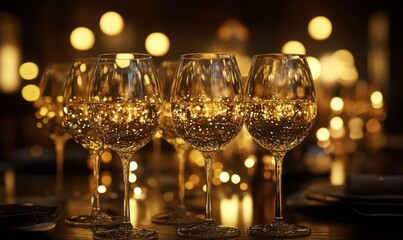Elegant wine glasses sparkling under golden light, arranged for an upscale dining experience.