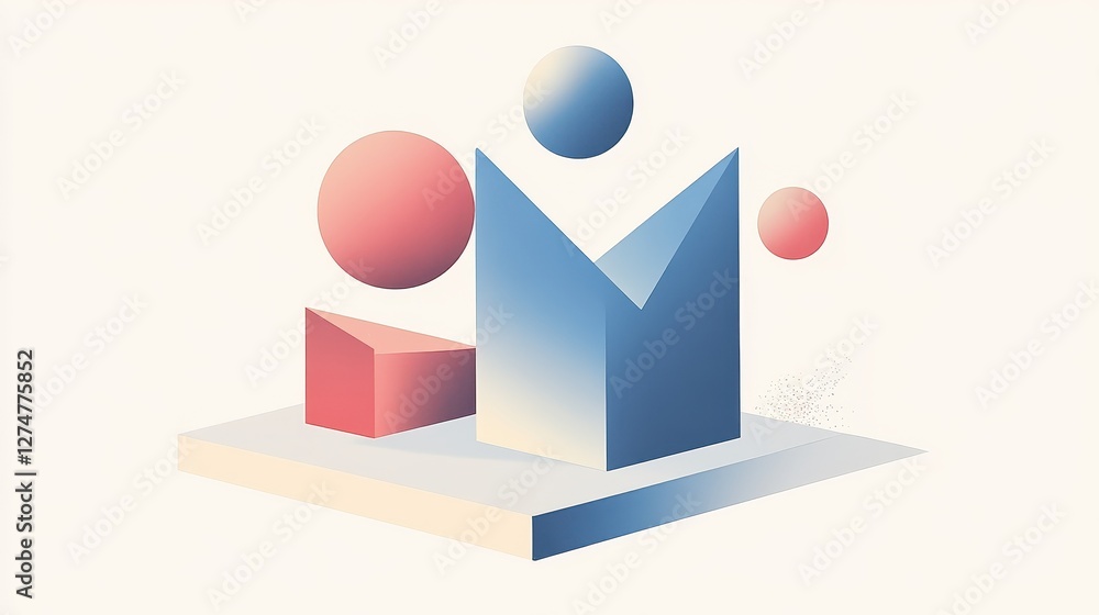 Poster geometric shapes arranged artfully on a platform with soft gradient
