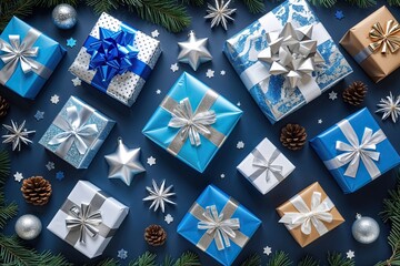 Blue and Silver Celebration Gifts on a Joyful Festive Surface