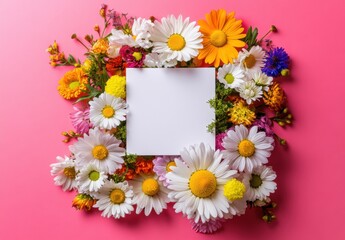 Colorful Floral Frame with Blank Space on Pink Background
