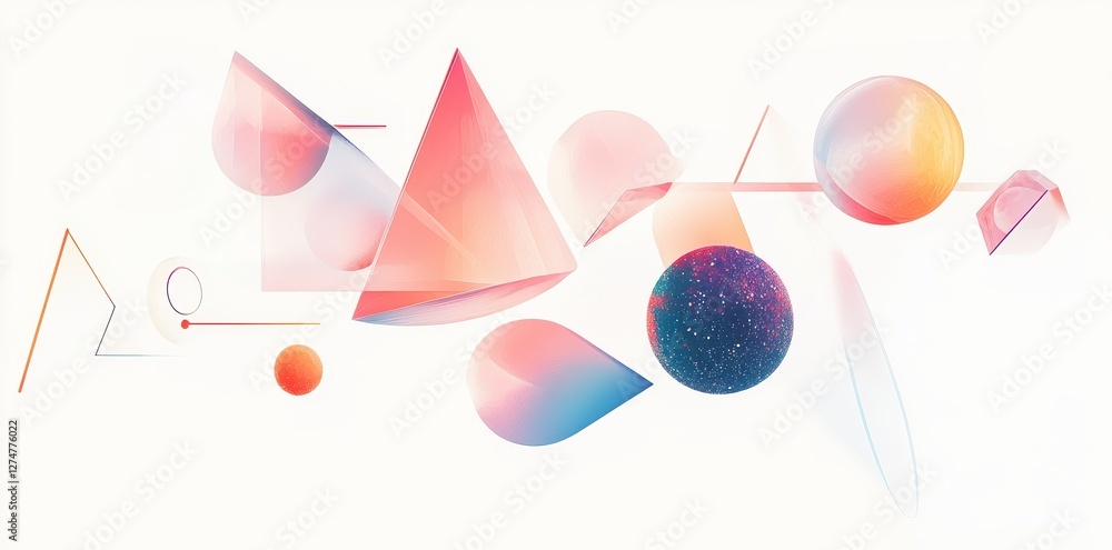 Poster abstract geometric shapes float against a soft white background