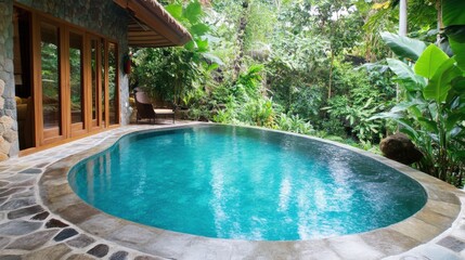 Tropical Villa Pool Surrounded By Lush Greenery