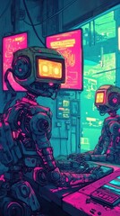 Two retrofuturistic robots operate computers within a vibrant digital workspace