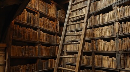 Obraz premium Old books stacked high on wooden shelves, antique library, ladder. Possible use Historical, educational background