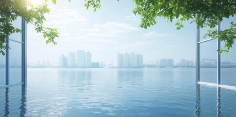 Open Window Reveals City Skyline Across Water, Urban Oasis Concept