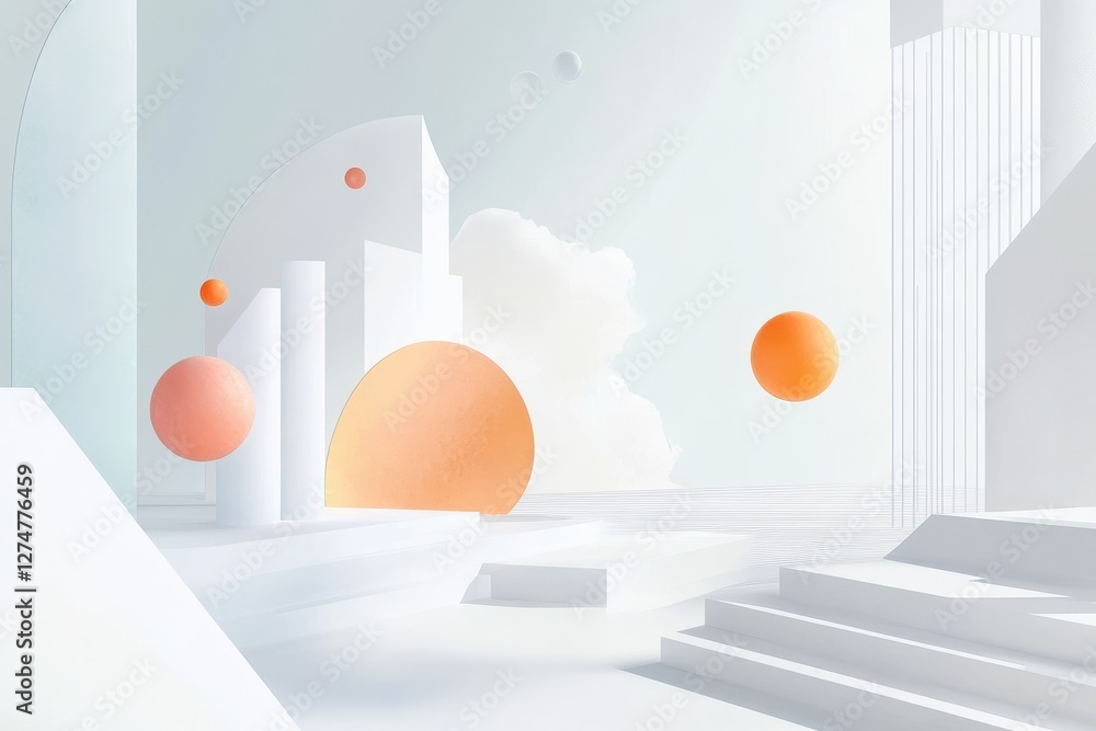 Poster abstract architectural composition with geometric shapes and floating spheres