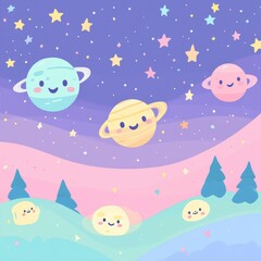 Whimsical cartoon planets and moons float amidst starry skies