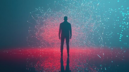 Fototapeta premium Man stands in digital network, red ground