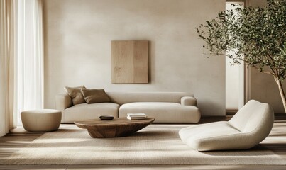 Minimalist living room with neutral-toned furniture, sleek wooden floors, and soft indoor lighting.