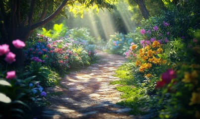 Fototapeta premium Peaceful garden path lined with vibrant flowers and lush greenery, sunlight filtering through the leaves creating dappled light pattern