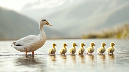 Duck Family&rsquo;s Lakeside Stroll: Capturing a tender moment as a mother duck guides her fluffy ducklings in a picturesque lakeside setting, the family is a picture of serenity.