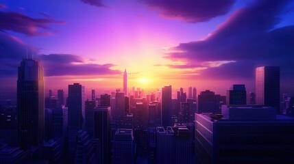 A stunning city skyline at sunset, showcasing skyscrapers silhouetted against a vibrant purple and orange sky. The atmosphere exudes tranquility and urban charm.
