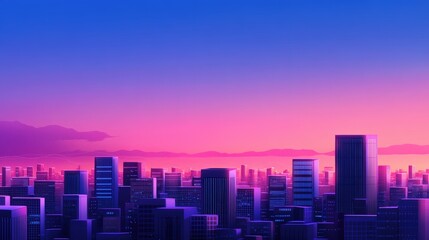 Fototapeta premium A stunning city skyline at sunset, showcasing tall buildings silhouetted against a vibrant purple and pink sky. Ideal for themes of urban beauty and modern architecture.