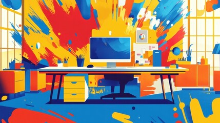 Colorful artistic rendering showcases a modern home office setup