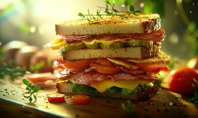 Close-up of a gourmet sandwich stacked with fresh ingredients, soft warm light enhancing the rich textures, delicious and inviting scene, clean and sharp