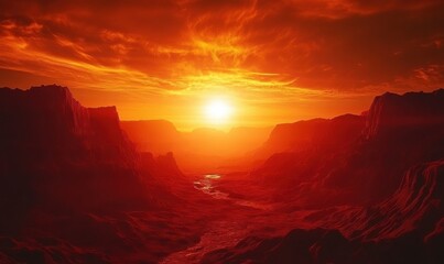 Naklejka premium Dramatic desert canyon illuminated by a fiery sunset, with rich red rock formations and deep shadows